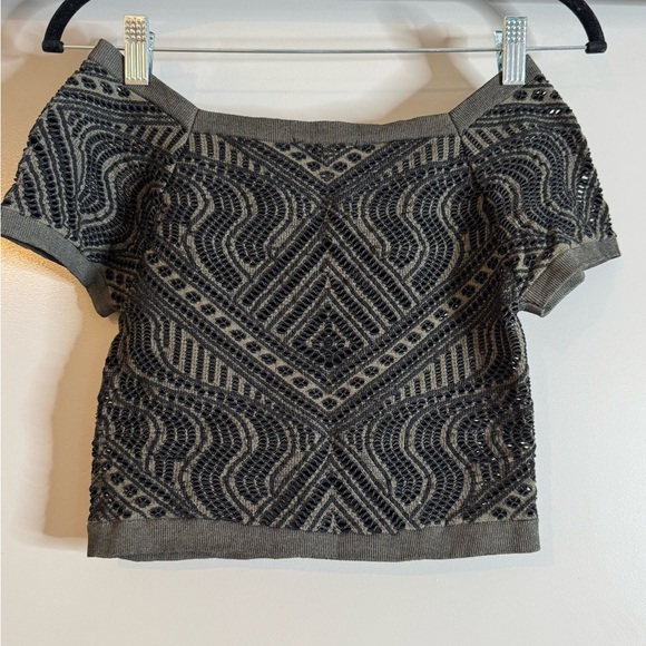 Bebe Black and Gray Off Shoulder Crochet Crop Top - Picture 1 of 8